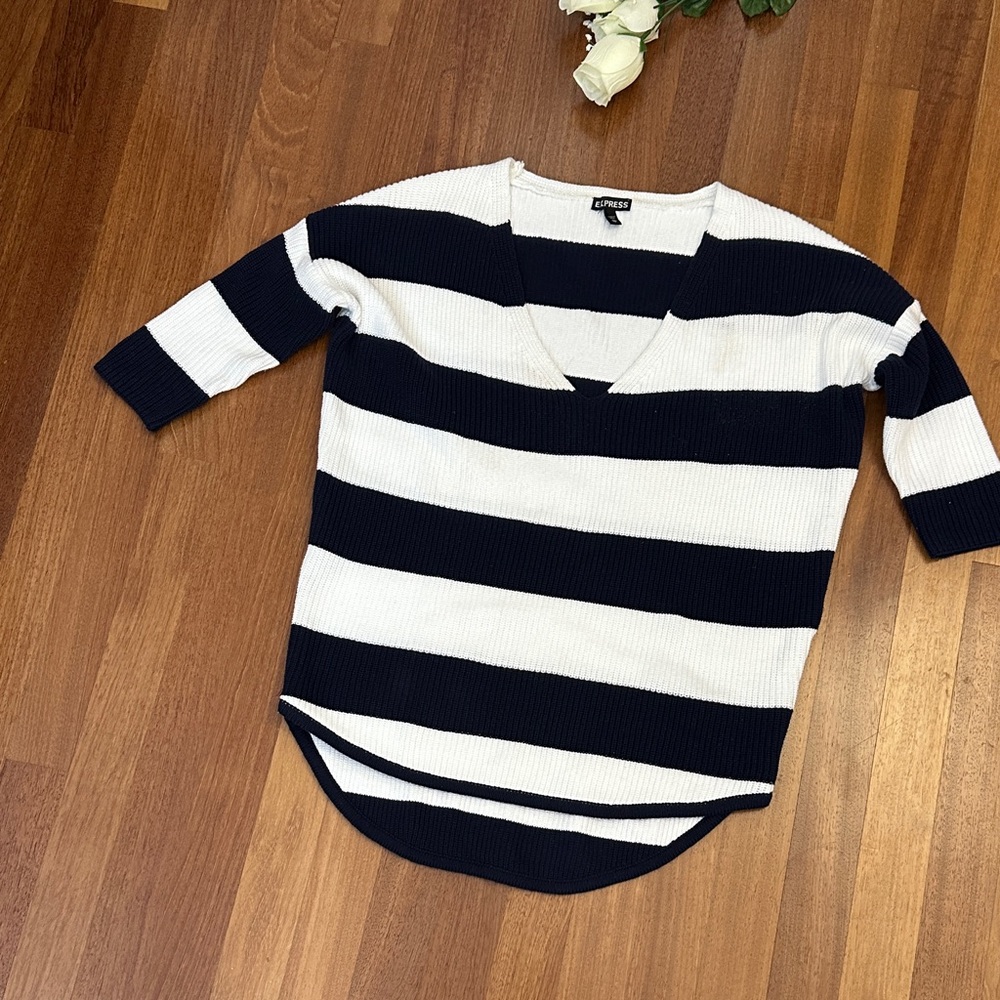 Striped Black and White V-Neck Sweater